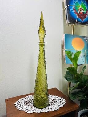 Vintage 1960s Wave Empoli Italy Decanter in Rare Olive Green